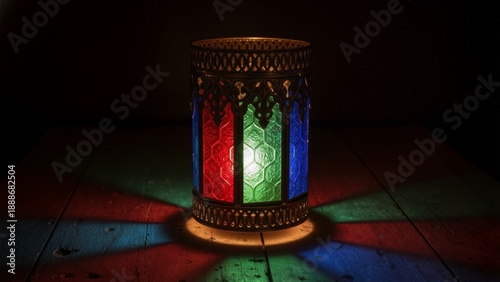A multicolored stained-glass lantern casting vibrant red, green, and blue light patterns in the dark