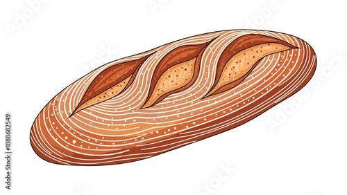 Delicious fresh baked loaf of sourdough bread with scoring patterns isolated on a white background for bakery design.