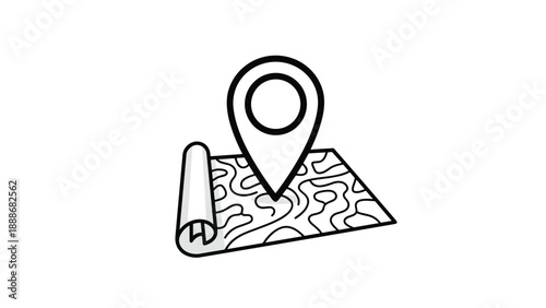 Simple black and white line icon showing a folded topographical map with a large location pin marker for navigation.