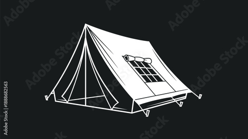 Minimalist white line art illustration of a classic outdoor camping tent set against a solid black background for adventure.