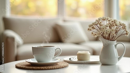 cup of coffee on table near window