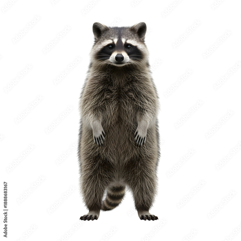 Obraz premium Cute realistic raccoon standing upright on hind legs isolated on transparent background