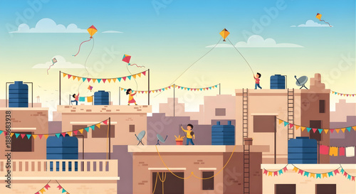 Joyful children fly vibrant kites from crowded city rooftops decorated with festive garlands under a clear sky.