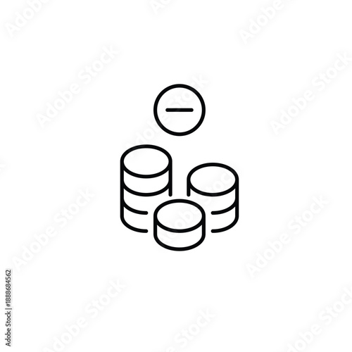 Lower balance, coins and minus. Savings lowering. Pixel perfect, editable stroke vector icon