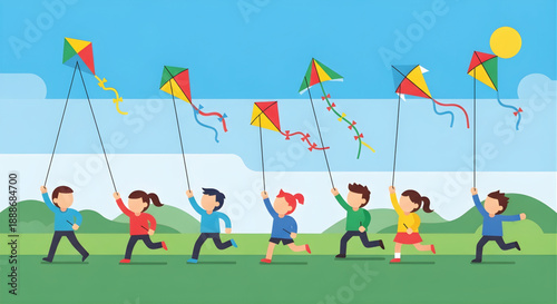 Six joyful children running across a green field, flying colorful kites under a bright blue sky.