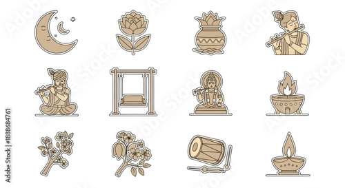 A collection of twelve monochromatic icons depicting various elements associated with Indian culture, festivals, and religious celebrations, including Krishna, flutes, lamps, and traditional symbols.