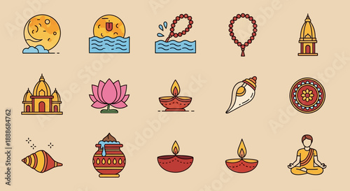 A collection of colorful flat line icons representing various elements of Indian culture, spirituality, and religious practices, including temples, diyas, lotus, and meditation.