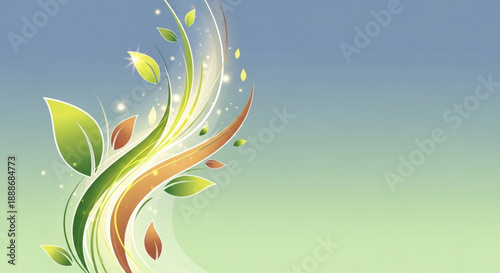 Vibrant green and orange leaves swirling upwards on a gradient blue and green background with sparkling particles