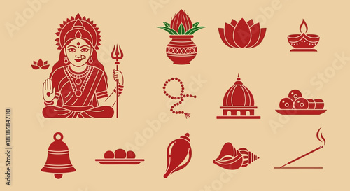 Hindu religious symbols and icons featuring Goddess Durga, temple, lotus, kalash, diya, and offerings in a flat red monochromatic style.