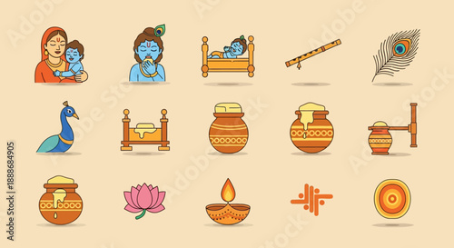 Vibrant icon set illustrating the birth and childhood of Lord Krishna, featuring traditional symbols and festive elements of Janmashtami.