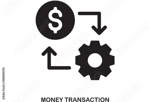 Flat black icon of a dollar coin and a gear with arrows indicating a cyclical money transaction process for financial services.