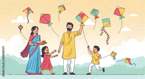 A happy Indian family celebrates a traditional kite festival outdoors with colorful kites flying in the bright sky.