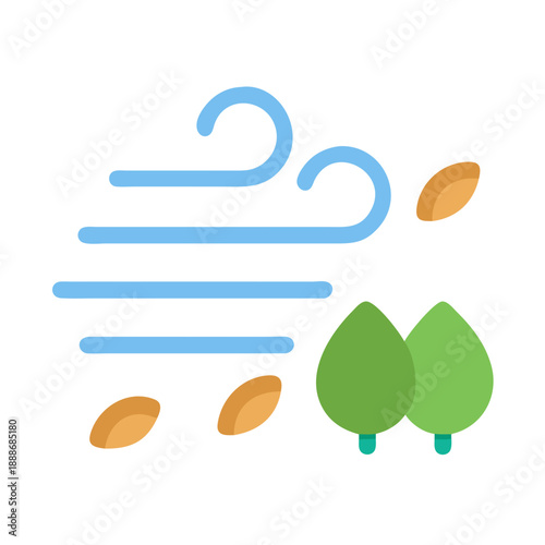 Windy autumn day with falling leaves flat illustration icon