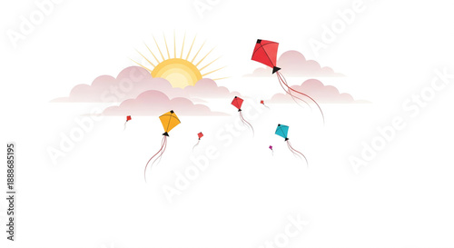 Colorful kites flying high in a sunny sky with soft clouds, symbolizing freedom and joy.