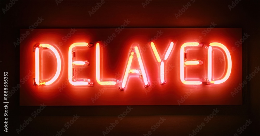 Obraz premium Bright neon sign spells DELAYED. Red glow illuminates dark background. Simple typography creates bold visual statement.