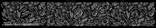 Obraz  z motywem Chalkboard style panoramic seafood banner featuring hand drawn fish, crab, squid, shrimp, salmon steak, and olive oil on a black background