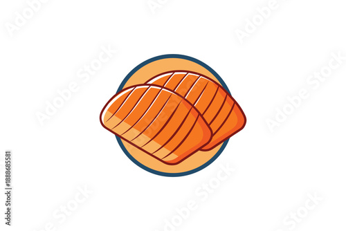 Two pieces of fresh salmon fillets on a blue and orange circular background