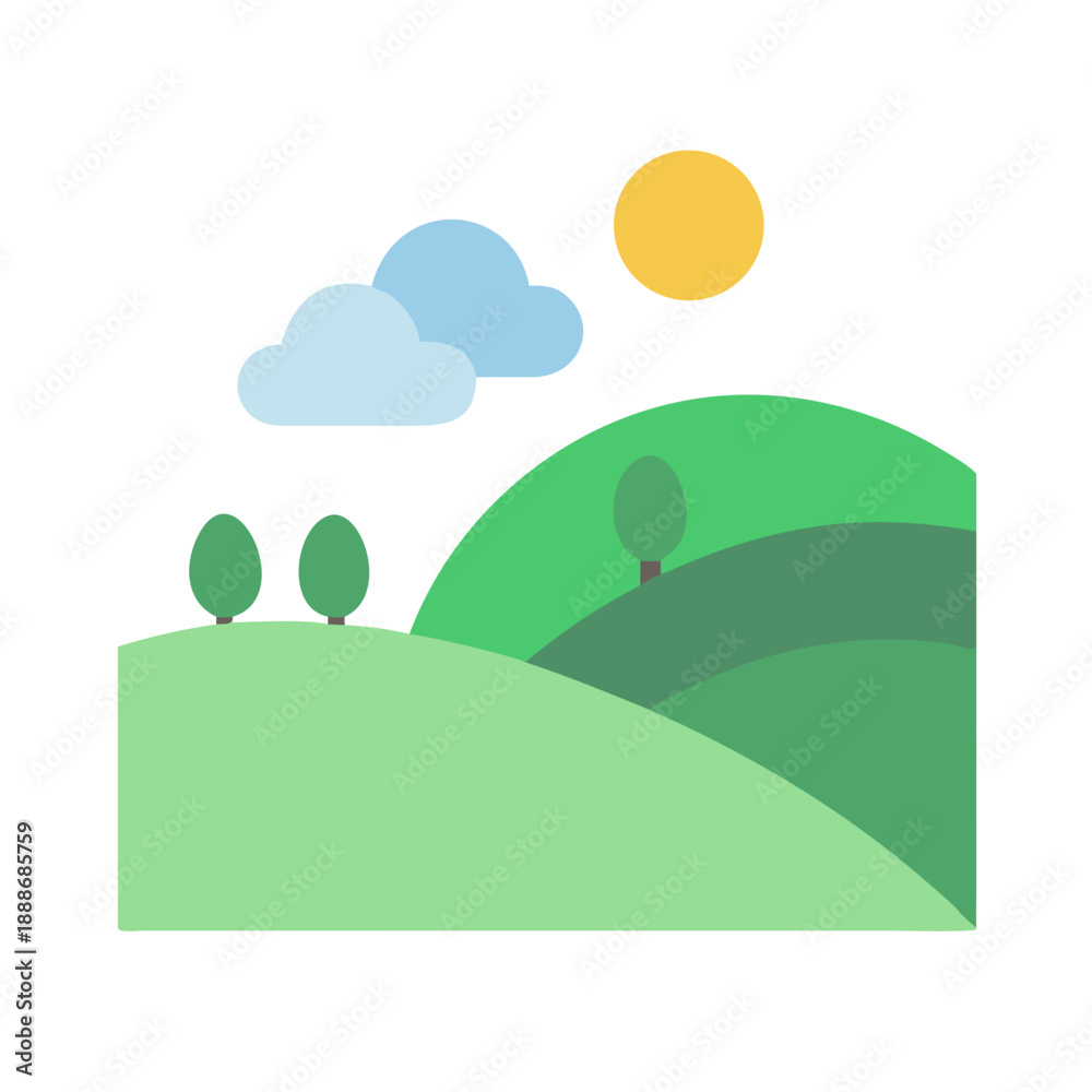 Fototapeta premium Flat vector illustration of rolling hills on a sunny day
