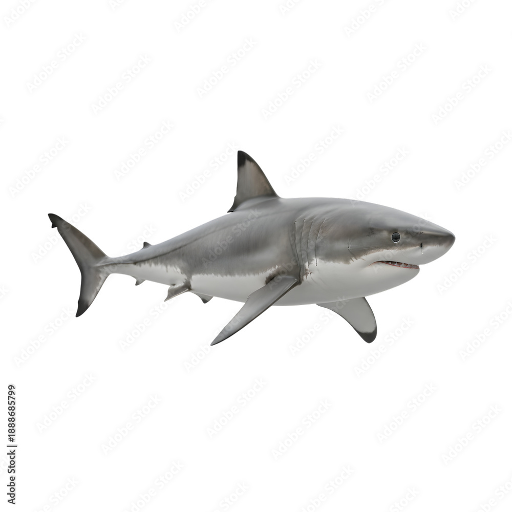 Fototapeta premium Great white shark swimming in ocean water with sharp teeth and gray skin isolated on transparent background