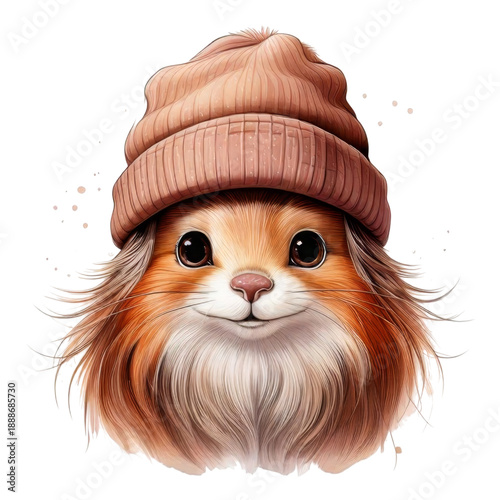 Adorable animal face with big eyes wearing warm knitted hat, cheerful and cute expression