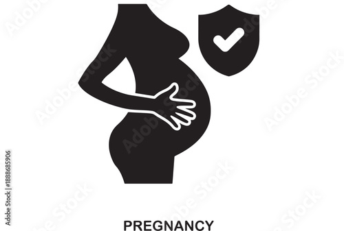Black silhouette of a pregnant woman's torso holding her belly next to a shield icon with a checkmark, symbolizing pregnancy safety and health