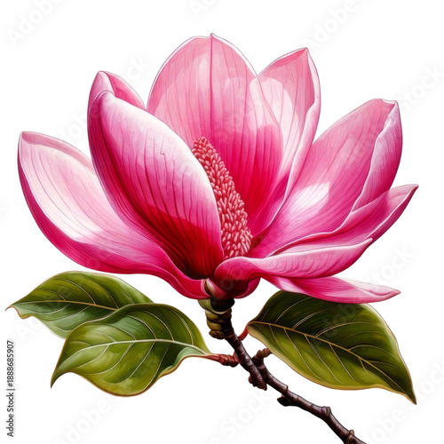 Pink magnolia flower with green leaves on branch, vibrant petals and natural beauty