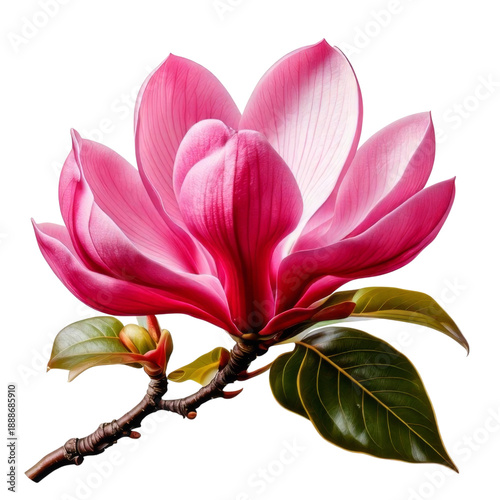 Pink magnolia flower with green leaves on branch, natural beauty and delicate petals