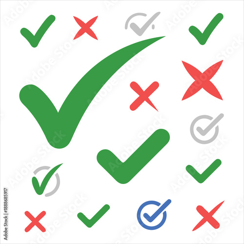 A colorful illustration of checkmarks and crosses on a white background