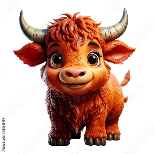 Cute orange cartoon bull with big eyes and curly hair smiling happily