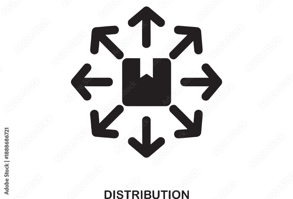 Fototapeta premium Black graphic icon of a cardboard box with multiple arrows pointing outwards, symbolizing distribution and logistics on a white background.