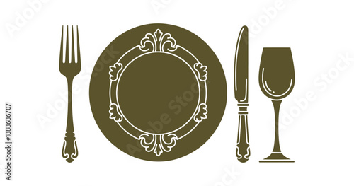 Glyph icon of vintage-style tableware. Antique dinnerware suitable for special events. One-of-a-kind dining accessories. Charming table items. Isolated vector illustration.