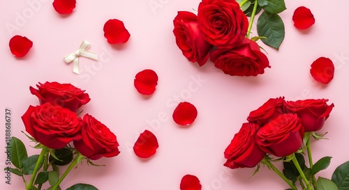 Beautiful red roses with scattered petals and a small white ribbon on a soft pink background, celebrating love and romance