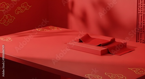 A festive red stage with golden cloud accents, illuminated by soft light, perfect for celebrations and cultural events