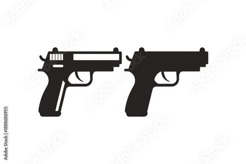 Two black silhouette pistol icons on a white background, representing firearms and self-defense