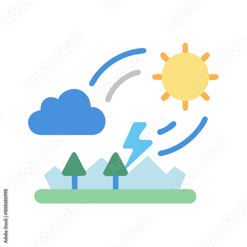 Weather elements with stylized sun, cloud, mountains, and lightning