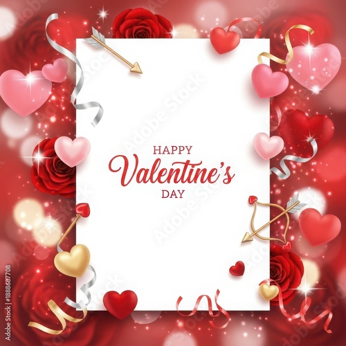 Valentine's day greeting card with red hearts and roses on white background