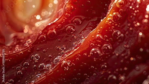 Close-up of a glossy, red surface with sparkling bubbles. Light reflects, creating depth