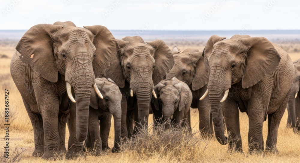 Fototapeta premium A herd of elephants in a savanna setting, with a focus on a young elephant in the center.
