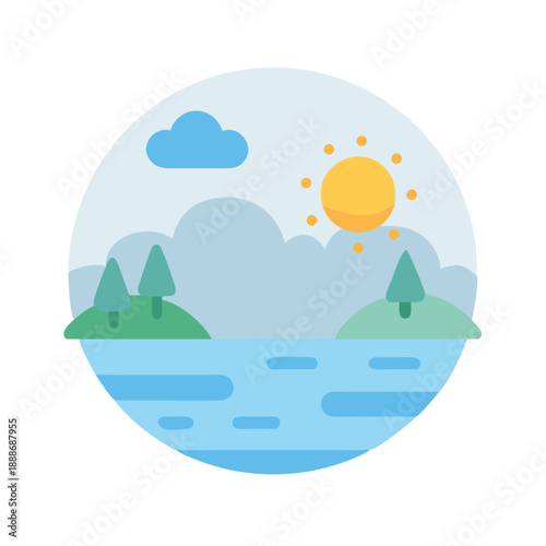 Flat design landscape with lake, islands, and sunny weather