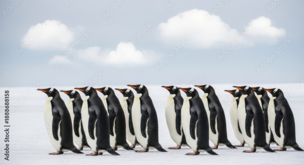Fototapeta premium A group of penguins standing in a line on a snowy landscape with a cloudy sky in the background.