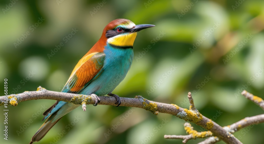 Fototapeta premium A colorful bird perched on a branch with a blurred green background, showcasing vibrant plumage and a focused expression.