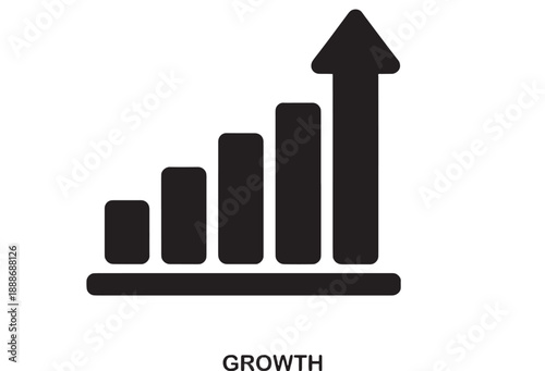 Black vector icon of a bar chart with an upward trend arrow symbolizing business growth, success, and financial progress on a white background.