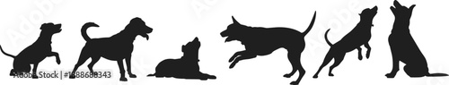 Playful dog silhouettes in dynamic positions, showing sitting, standing, running, and jumping poses as a clean black vector design for animal, pet, and training illustrations.