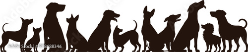 Collection of dog silhouettes in various seated and standing poses, featuring multiple breeds in a clean vector style for pet, animal, and design illustrations.