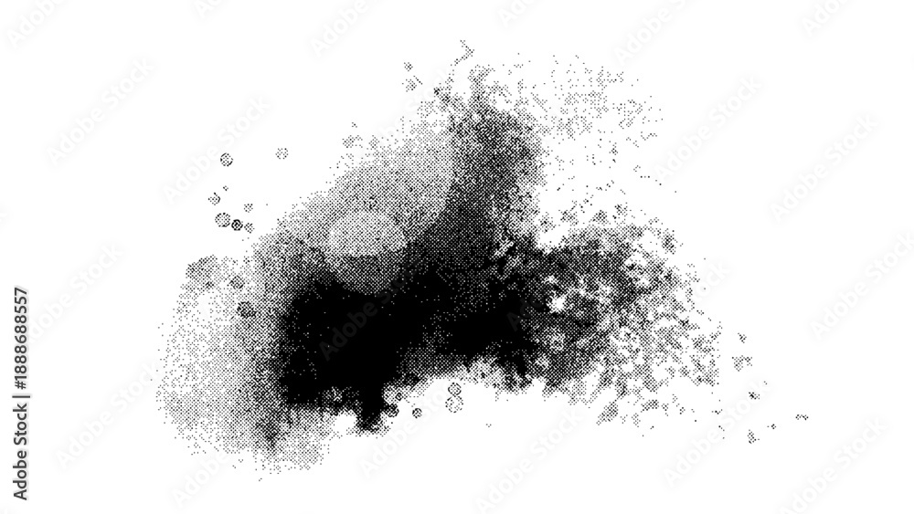 Obraz premium Abstract halftone ink blob, grunge art. Black paint stroke texture. Wallpaper design. Hand drawn watercolor isolated vector illustration