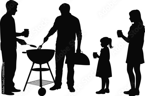 Silhouette of family and friends cooking at a barbecue grill, sharing food, drinks, and outdoor social time, representing leisure, gathering, and backyard lifestyle.