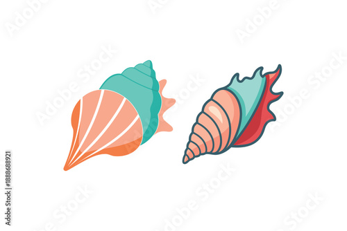 Collection of two colorful sea shells with red and blue accents on a white background