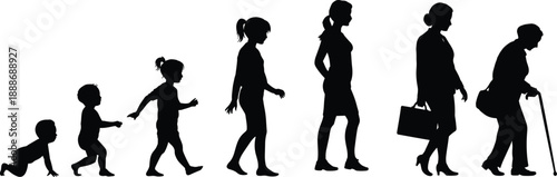 Silhouette progression of female life stages depicting growth from infancy to old age, illustrating human development, time passage, aging process, and generational transformation.