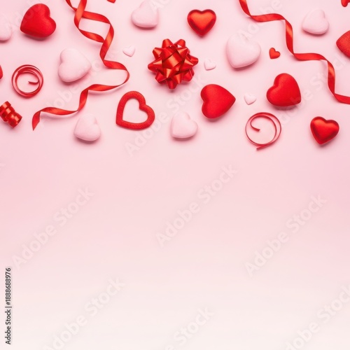 Valentine's day celebration with red and white hearts ribbons on pink background