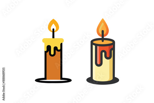 Two cartoon candles with flickering flames, one yellow with orange wax, other beige with red wax